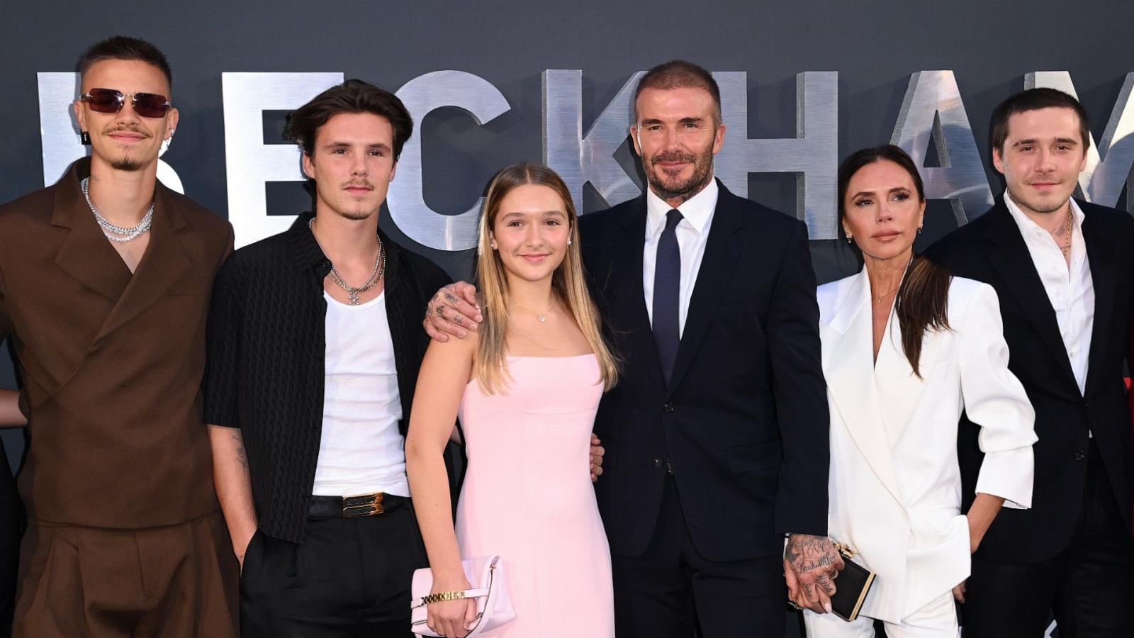 PHOTO: Mia Regan, Romeo Beckham, Cruz Beckham, Harper Beckham, David Beckham, Victoria Beckham, Brooklyn Beckham and Nicola Peltz attend the Netflix 'Beckham' UK Premiere, Oct. 3, 2023, in London.