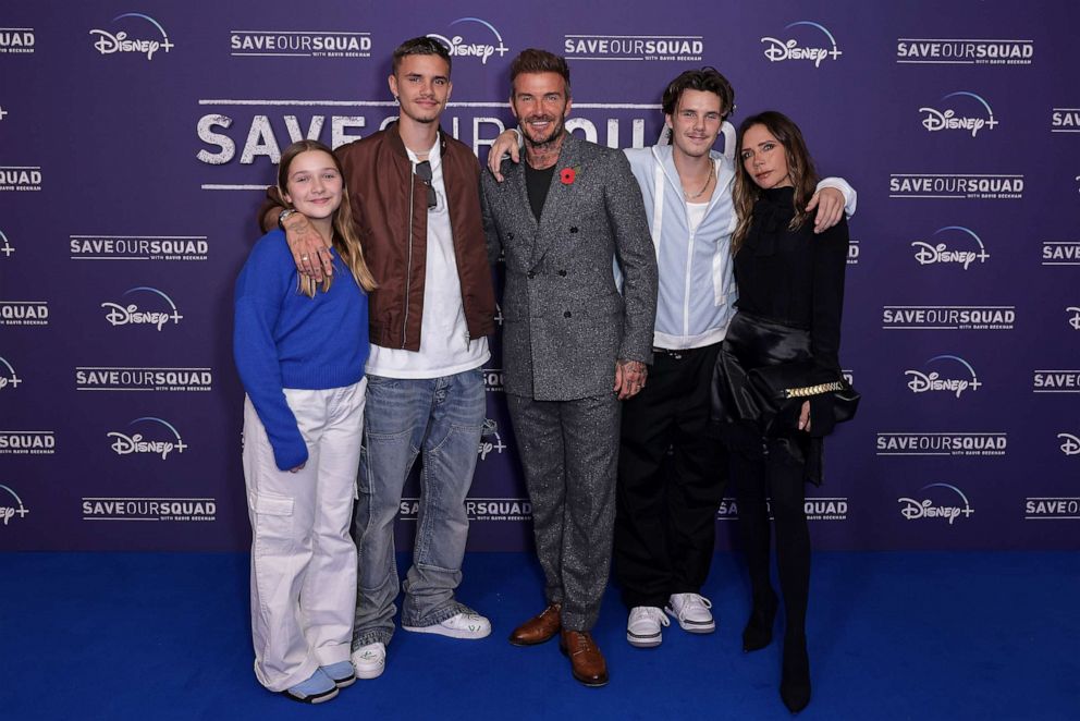 PHOTO: (L to R) Harper Beckham, Romeo Beckham, David Beckham, Cruz Beckham and Victoria Beckham attend an exclusive screening event for the new Disney+ Original Series "Save Our Squad with David Beckham" at Odeon Luxe West End, Nov. 1, 2022, in London.