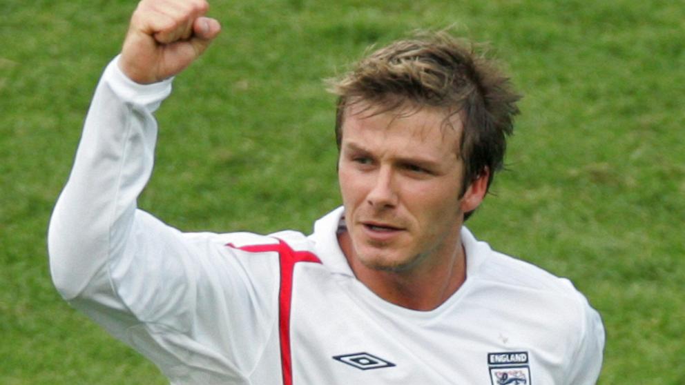PHOTO: David Beckham celebrates after he scored the game's first goal off a free kick during the round of 16 World Cup football match between England and Ecuador at Stuttgart's Gottlieb-Daimler Stadium, June 25, 2006, in Stuttgart, Germany. 