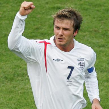 PHOTO: David Beckham celebrates after he scored the game's first goal off a free kick during the round of 16 World Cup football match between England and Ecuador at Stuttgart's Gottlieb-Daimler Stadium, June 25, 2006, in Stuttgart, Germany. 
