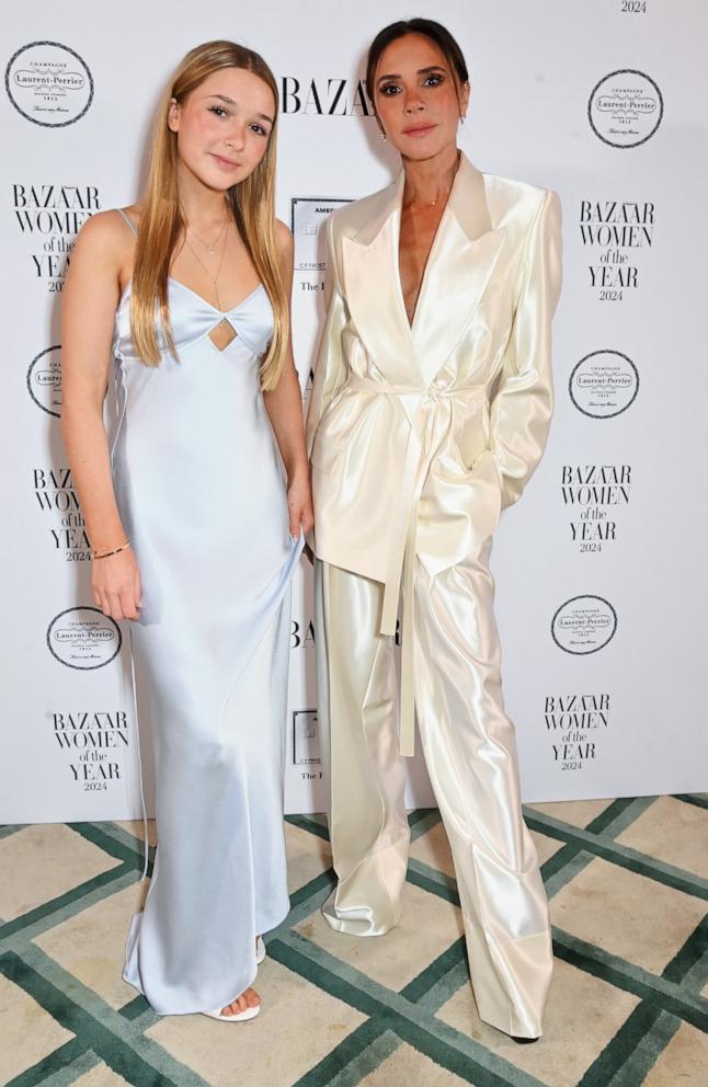 PHOTO: Harper Beckham and Victoria Beckham attend the 2024 Harper's Bazaar Women of the Year Awards, held in partnership with The Platinum Card by American Express, at Claridge's Hotel on Nov. 5, 2024 in London.