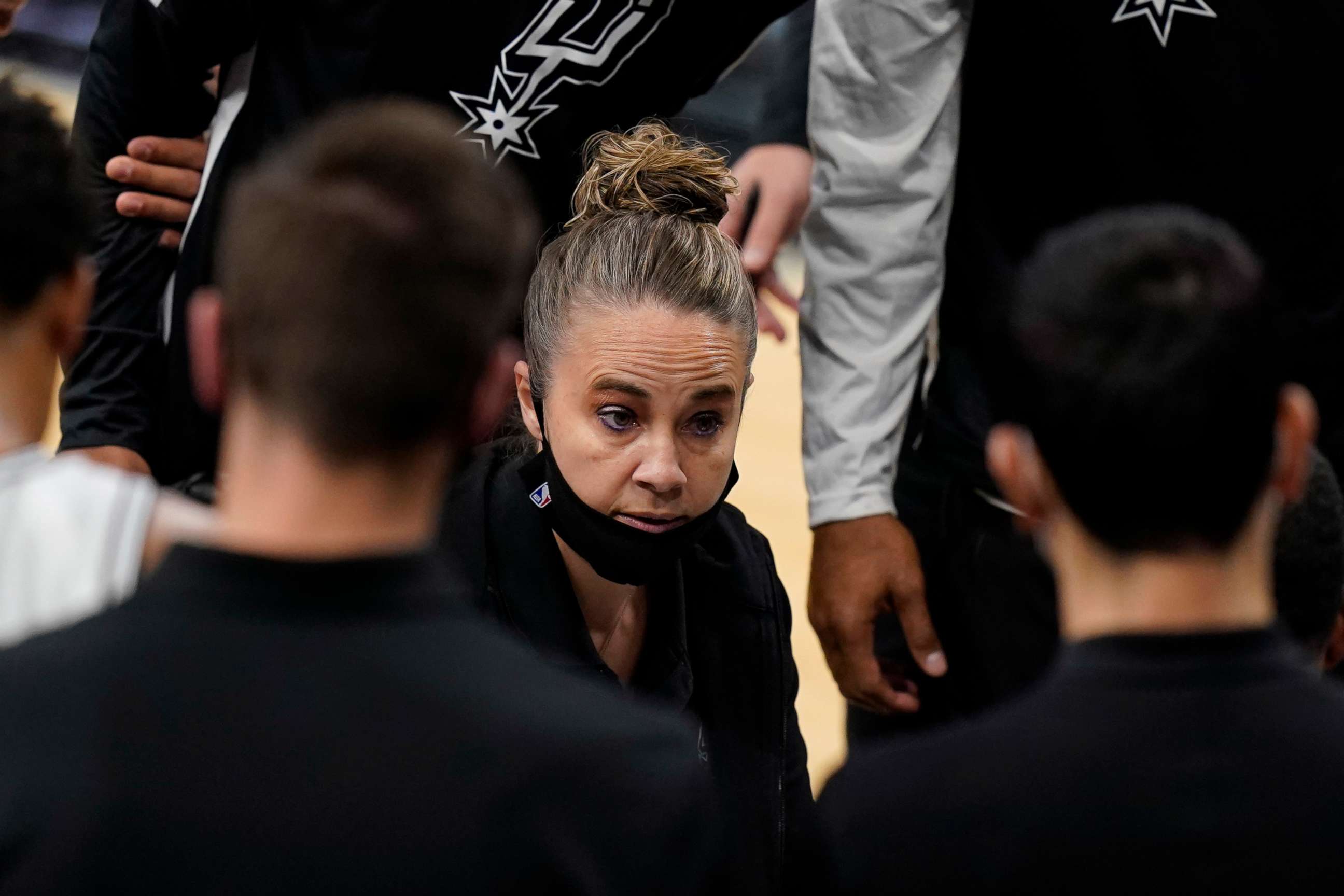 PHOTO: San Antonio Spurs assistant coach Becky Hammon calls a play during a timeout in the second half of the team's NBA basketball game against the Los Angeles Lakers, after coach Gregg Popovich was ejected, Dec. 30, 2020, in San Antonio.