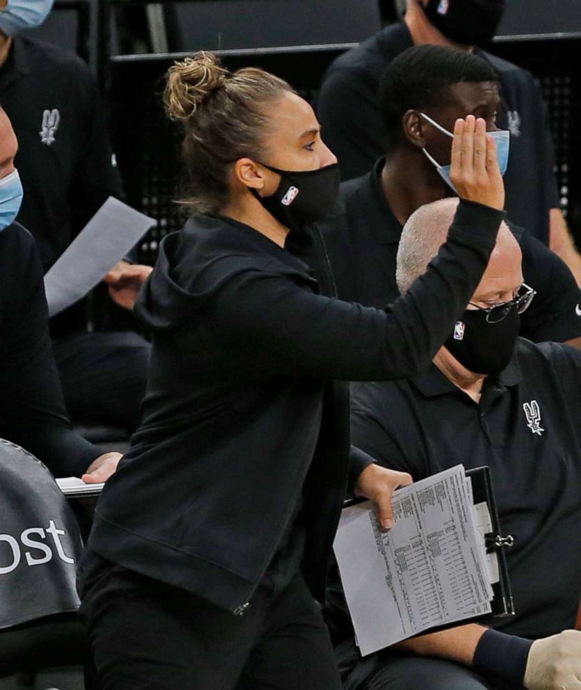 PHOTO: Assistant coach Becky Hammon of the San Antonio Spurs takes over head coaching duties after Gregg Popovich was ejected, Dec. 30, 2020 in San Antonio, Texas.