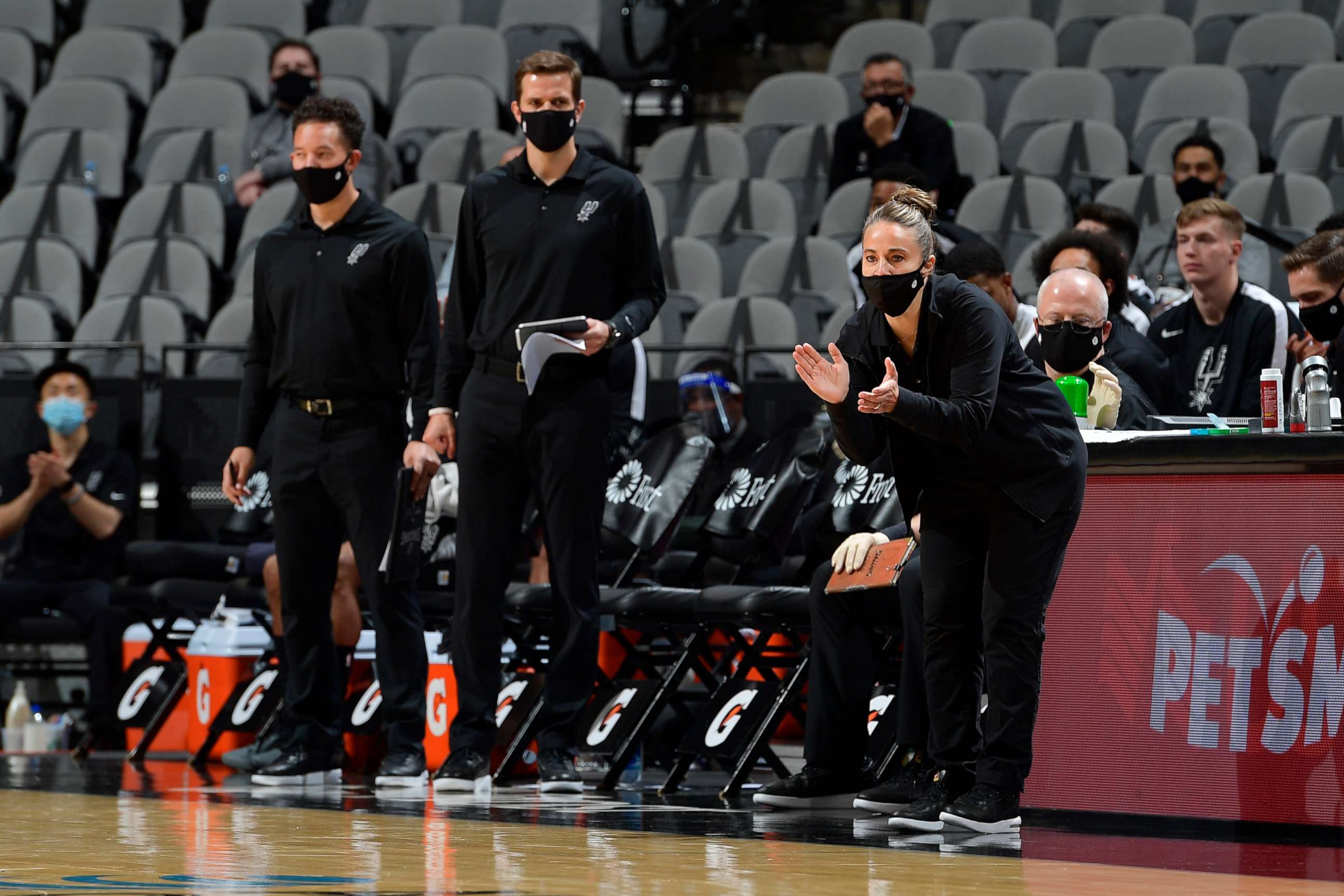 PHOTO: Assistant Coach Becky Hammon of the San Antonio Spurs coaches during the game against the Los Angeles Lakers, Dec. 30, 2020, in San Antonio, Texas.