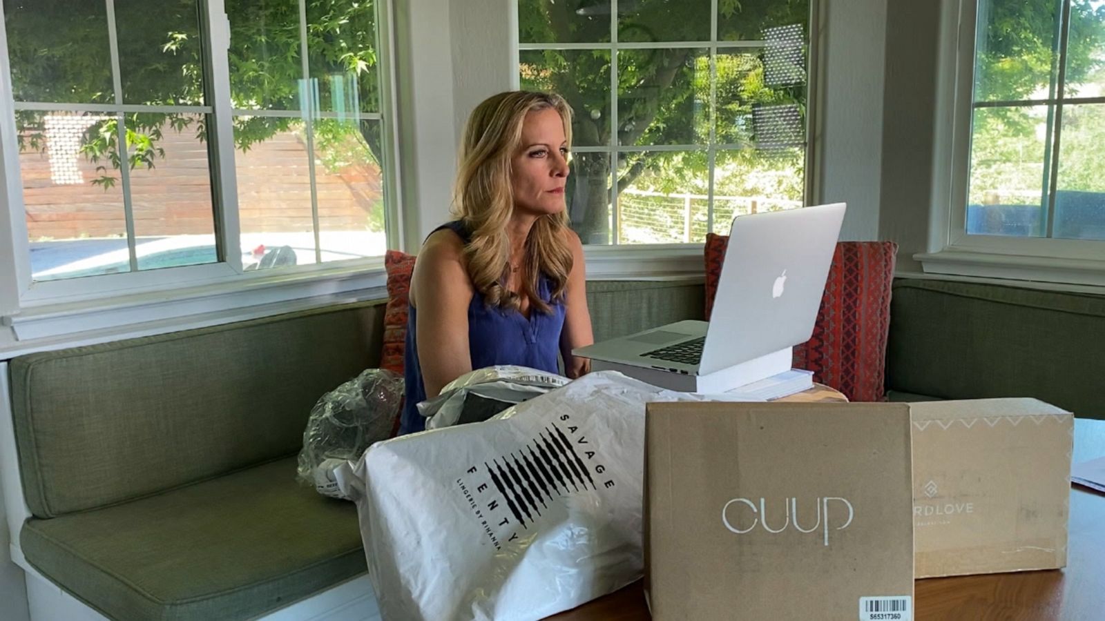 PHOTO: ABC News' Becky Worley is pictured surrounded by packages from intimate apparel companies with a presence on social media.