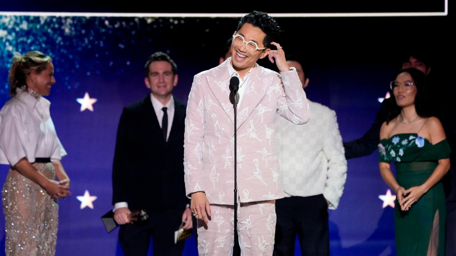 PHOTO: Maria Bello, from left, Jake Schreier, Lee Sung Jin, center, and Ali Wong accept the award for best limited series for "Beef" during the 29th Critics Choice Awards on Sunday, Jan. 14, 2024, at the Barker Hangar in Santa Monica, Calif.