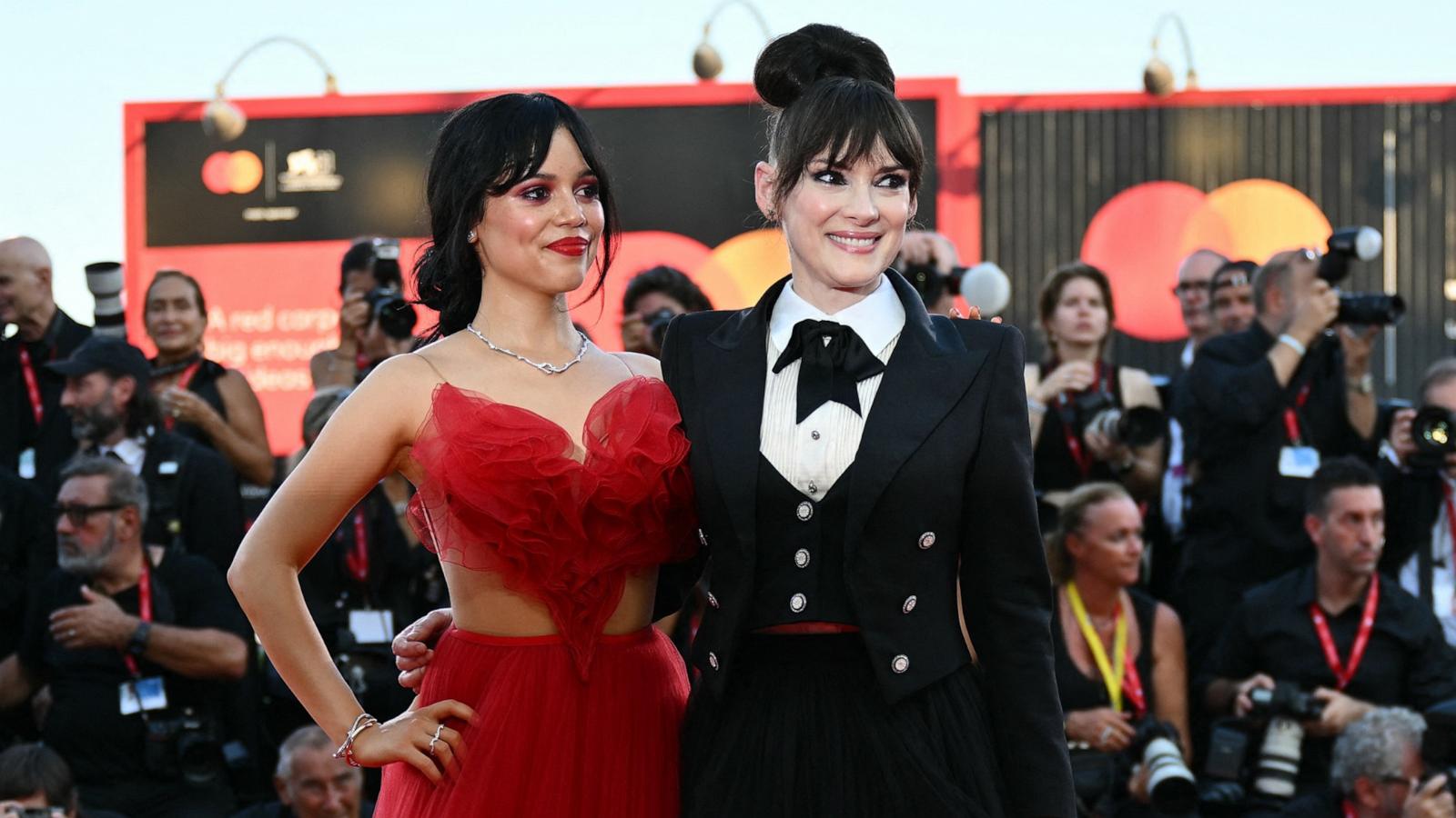 PHOTO: Jenna Ortega, left, and Winona Ryder attend the red carpet of the opening film "Beetlejuice Beetlejuice" presented out of competition during the 81st International Venice Film Festival, Aug. 28, 2024, in Venice.