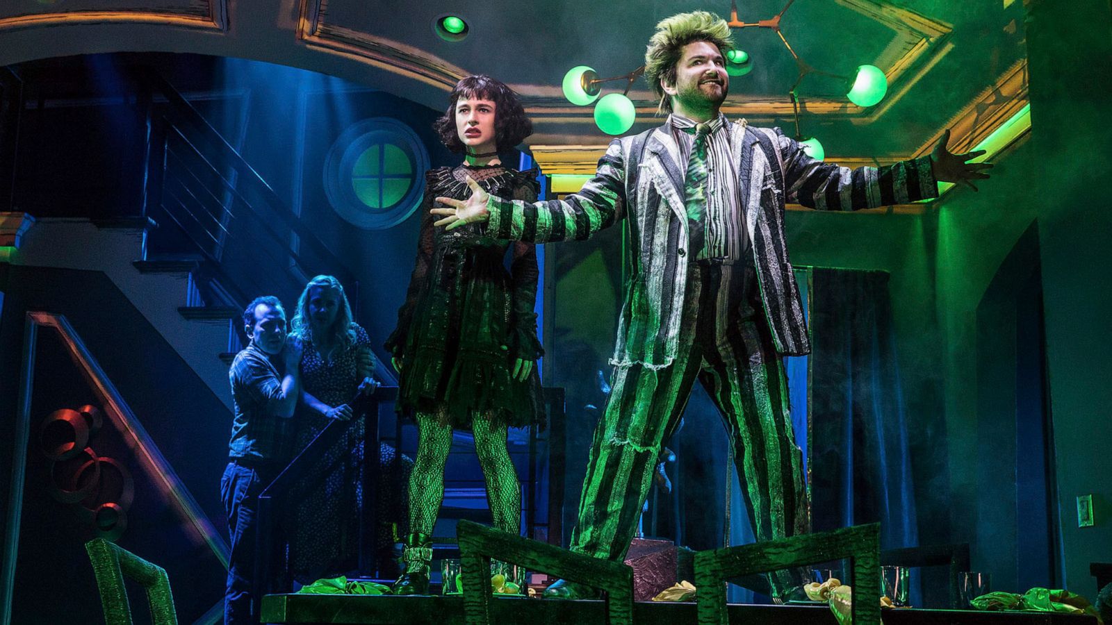 PHOTO: This image released by Polk & Co. shows Rob McClure, from left, Kerry Butler, Sophia Anne Caruso and Alex Brightman during a performance of "Beetlejuice," adapted from the Tim Burton film.