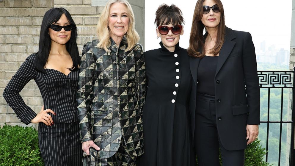 PHOTO: (L-R) Jenna Ortega, Catherine O'Hara, Winona Ryder and Monica Bellucci attend the "Beetlejuice Beetlejuice" New York photo call at JW Marriott Essex House on Aug. 17, 2024 in New York City. 