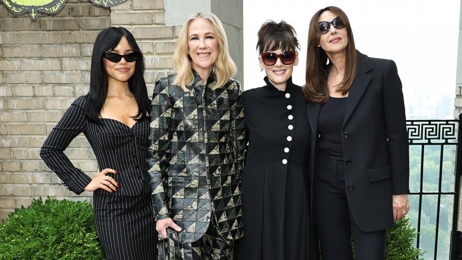 PHOTO: (L-R) Jenna Ortega, Catherine O'Hara, Winona Ryder and Monica Bellucci attend the "Beetlejuice Beetlejuice" New York Photo Call at JW Marriott Essex House on Aug. 17, 2024 in New York City.