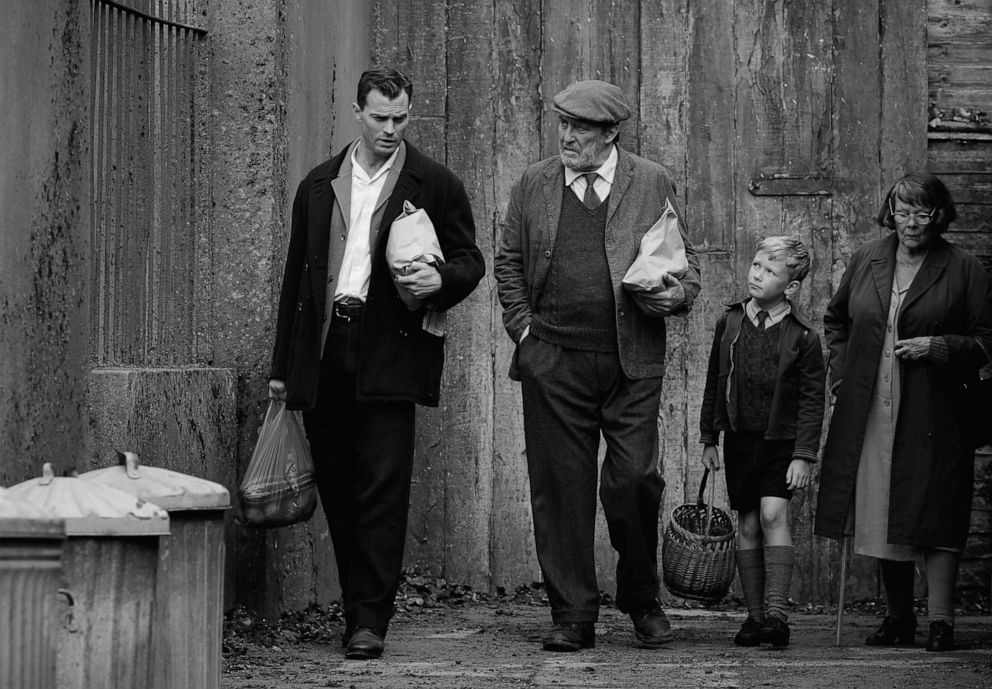 PHOTO: Jamie Dornan, Ciaran Hinds, Jude Hill and Judi Dench are shown in a scene from the movie "Belfast."