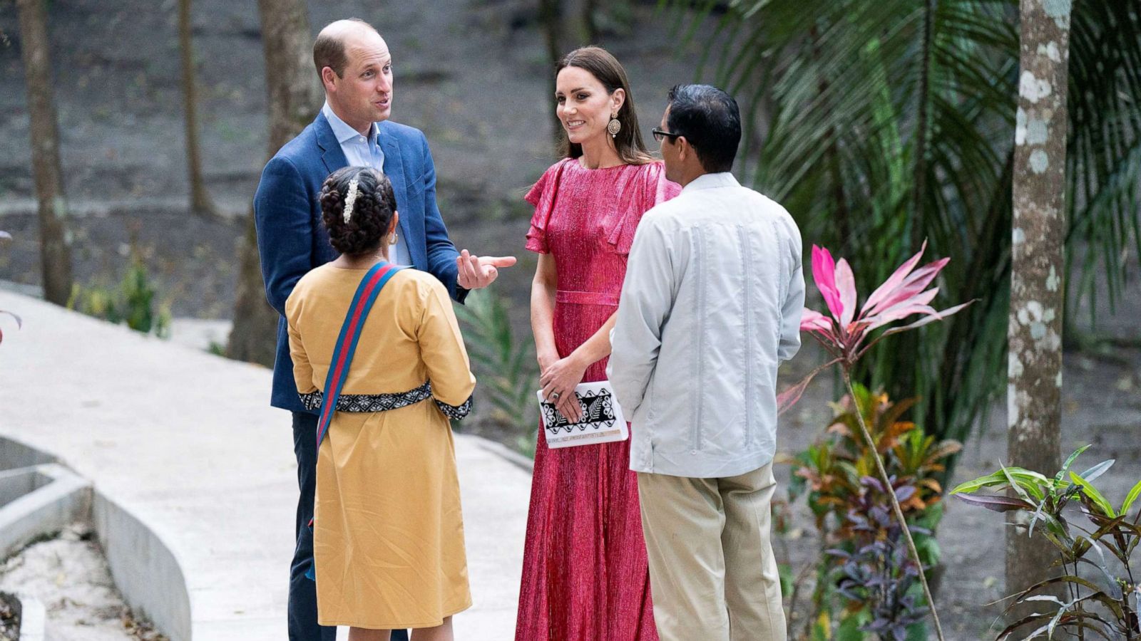 PHOTO: Prince William and Catherine, Duchess of Cambridge meet the Governor General of Belize Froyla Tzalam and her husband Daniel Mendez at a reception at the Mayan ruins at Cahal Pech, Belize, March 21, 2022.