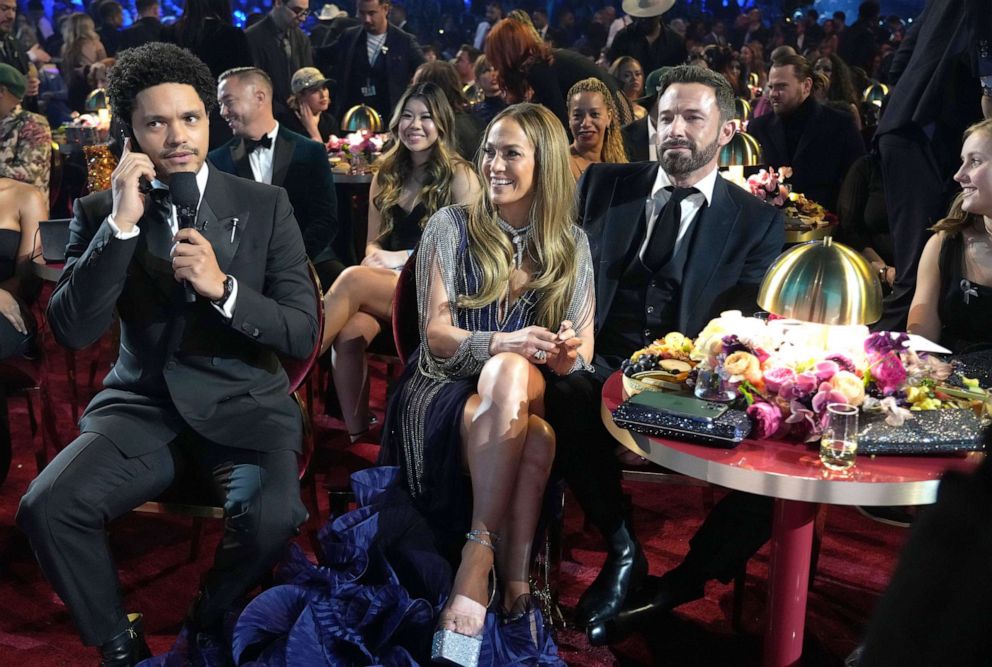 PHOTO: (L-R) Trevor Noah, Jennifer Lopez, and Ben Affleck attend the 65th GRAMMY Awards at Crypto.com Arena on Feb. 05, 2023 in Los Angeles.