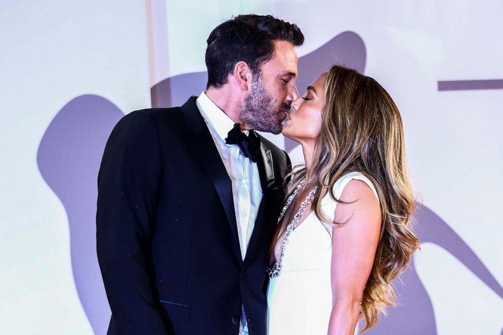 PHOTO: Jennifer Lopez and Ben Affleck kiss upon arrival at the premiere of the film 'The Last Duel' during the 78th edition of the Venice Film Festival in Venice, Italy, Sept. 10, 2021.