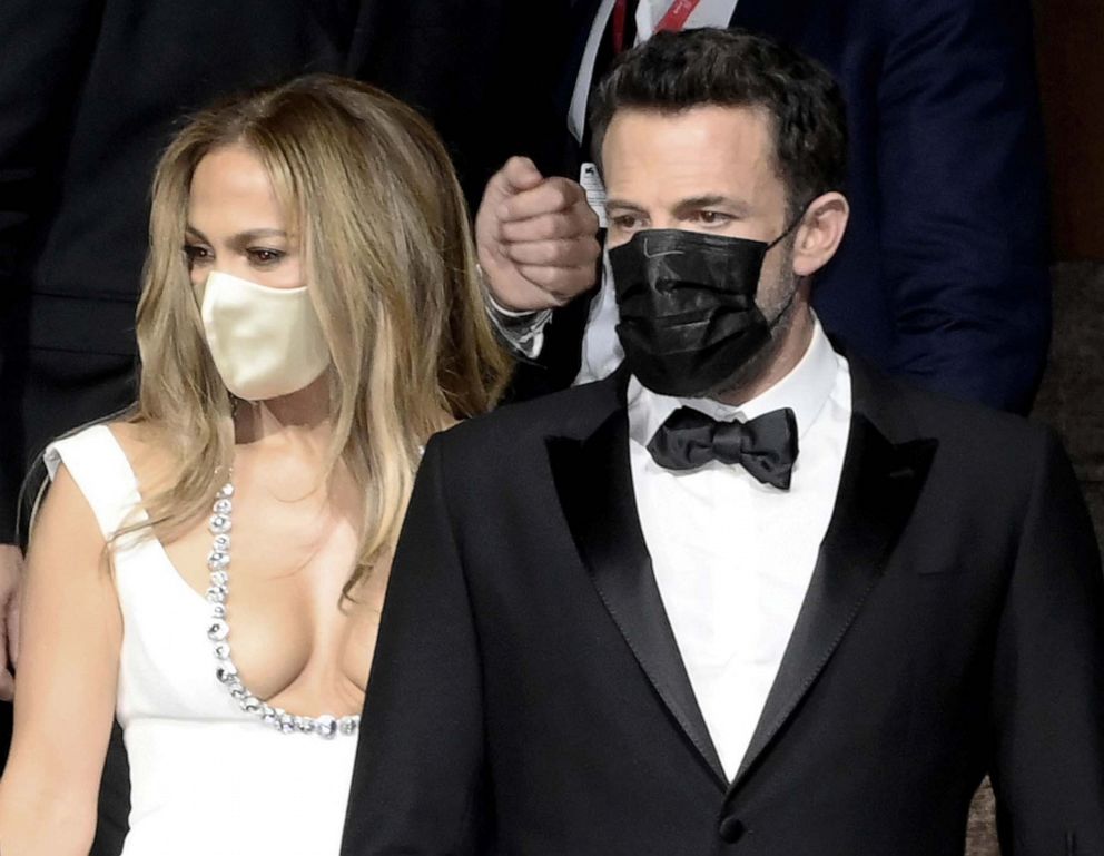 PHOTO: Jennifer Lopez and Ben Affleck wear protective face masks as they arrive for the premiere of 'The Last Duel' during the 78th annual Venice International Film Festival, in Venice, Italy, Sept.10, 2021.