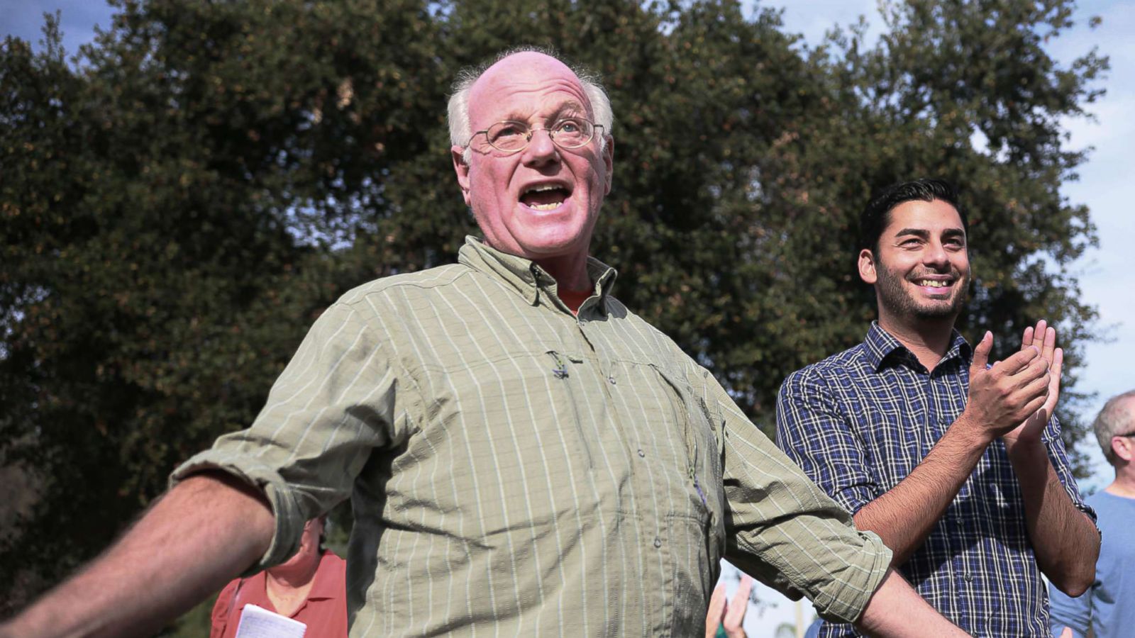 PHOTO: Ben Cohen, founder of Ben & Jerry's ice cream, is pictured with Democratic congressional candidate Ammar Campa-Najjar during a campaign rally at Grape Day Park in Escondido, Calif., Oct. 28, 2018.