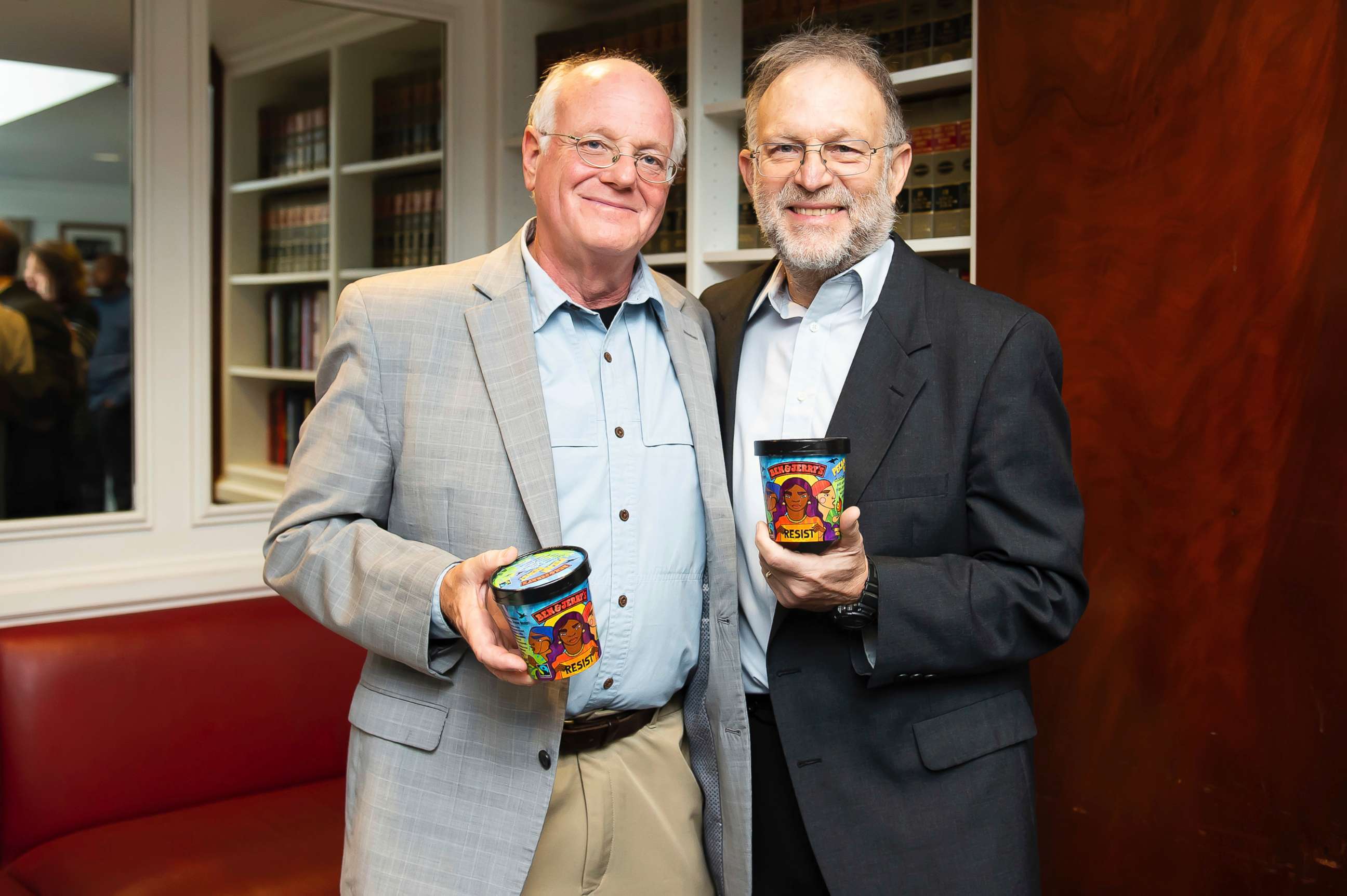 PHOTO: Ben Cohen and Jerry Greenfield, Co-Founders of Ben & Jerry's, help launch Pecan Resist, a new flavor of ice-cream that supports four progressive organizations, Oct. 30, 2018, in Washington.