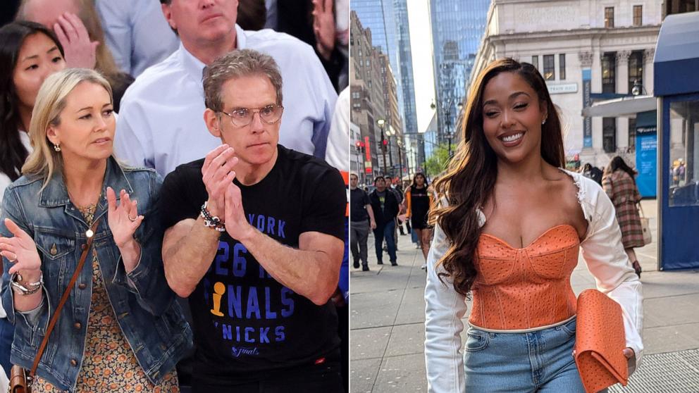 PHOTO: Christine Taylor and Ben Stiller cheer during the game between the New York Knicks and the San Antonio Spurs at Madison Square Garden, June 8, 2026, in New York. | Jordyn Woods arrives at Madison Square Garden on April 18, 2026, in New York.