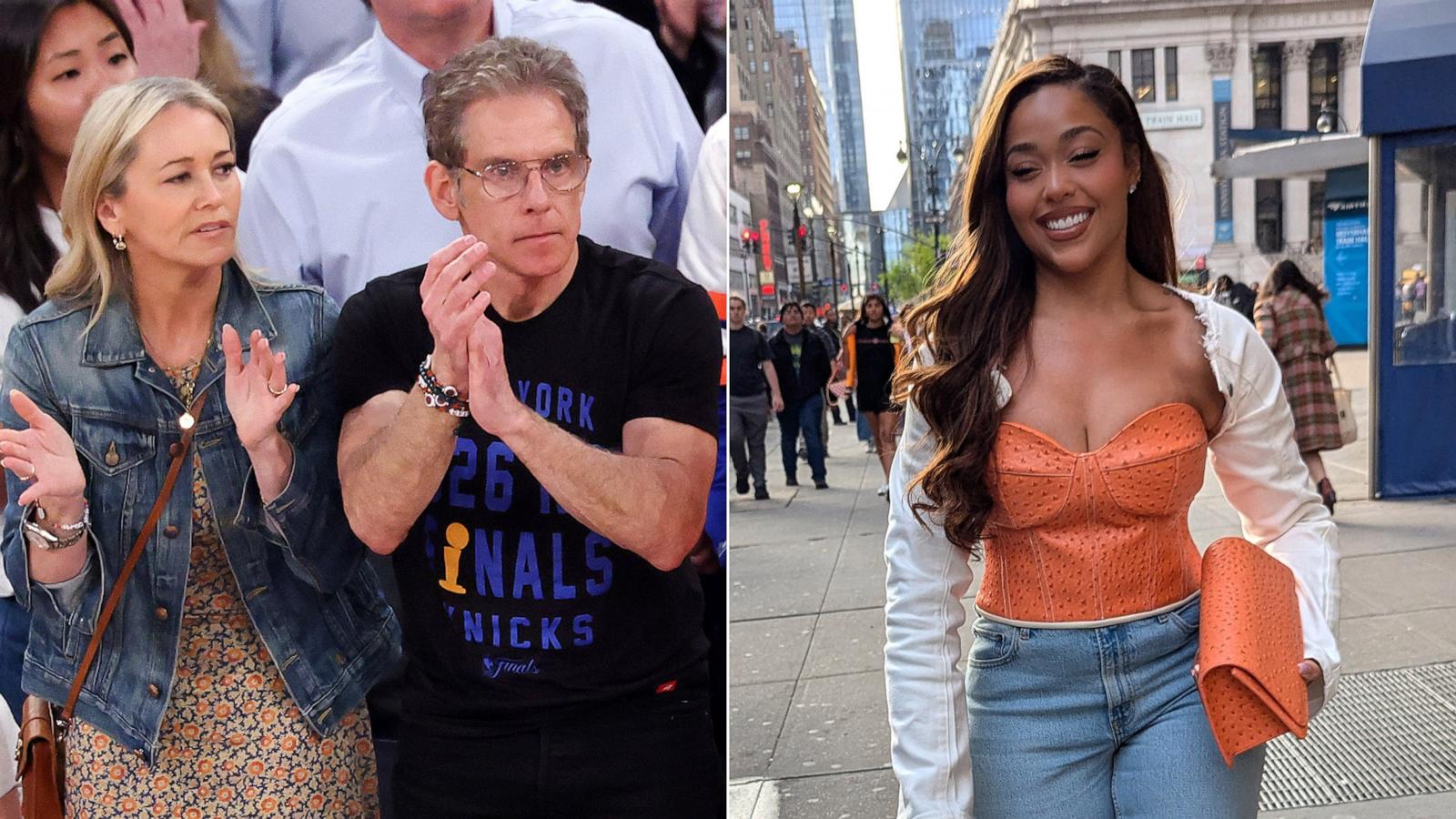 PHOTO: Christine Taylor and Ben Stiller cheer during the game between the New York Knicks and the San Antonio Spurs at Madison Square Garden, June 8, 2026, in New York. | Jordyn Woods arrives at Madison Square Garden on April 18, 2026, in New York.
