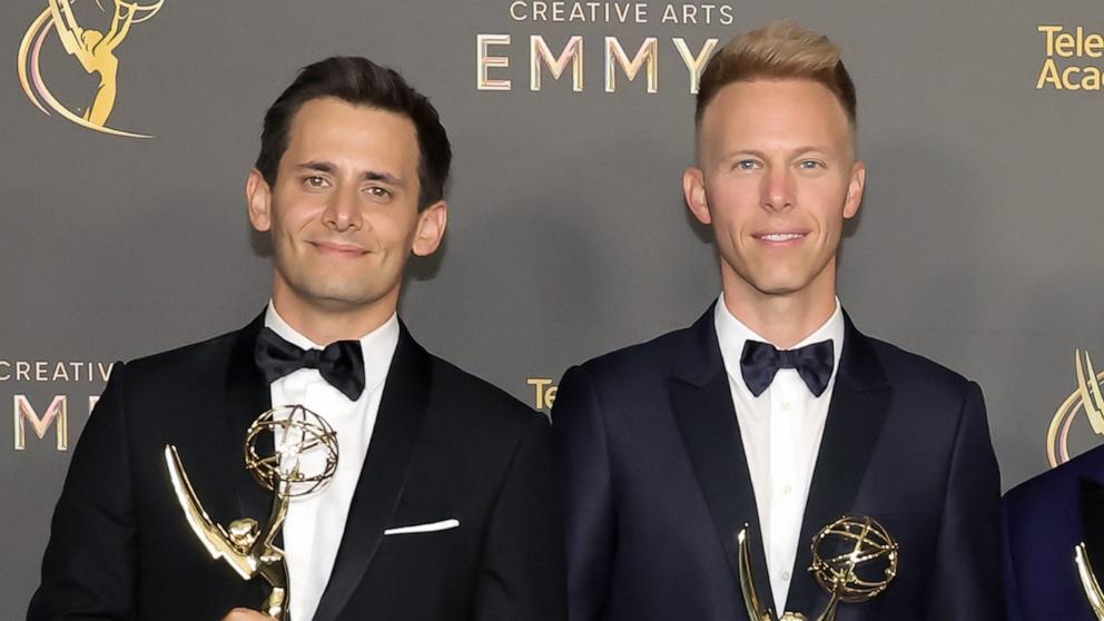 PHOTO: Benj Pasek and Justin Paul, winners of the Emmy Award for Outstanding Original Music and Lyrics for Only Murders in the Building, attend the 76th Creative Arts Emmys Winner's Walk at Peacock Theater on Sept. 08, 2024 in Los Angeles.