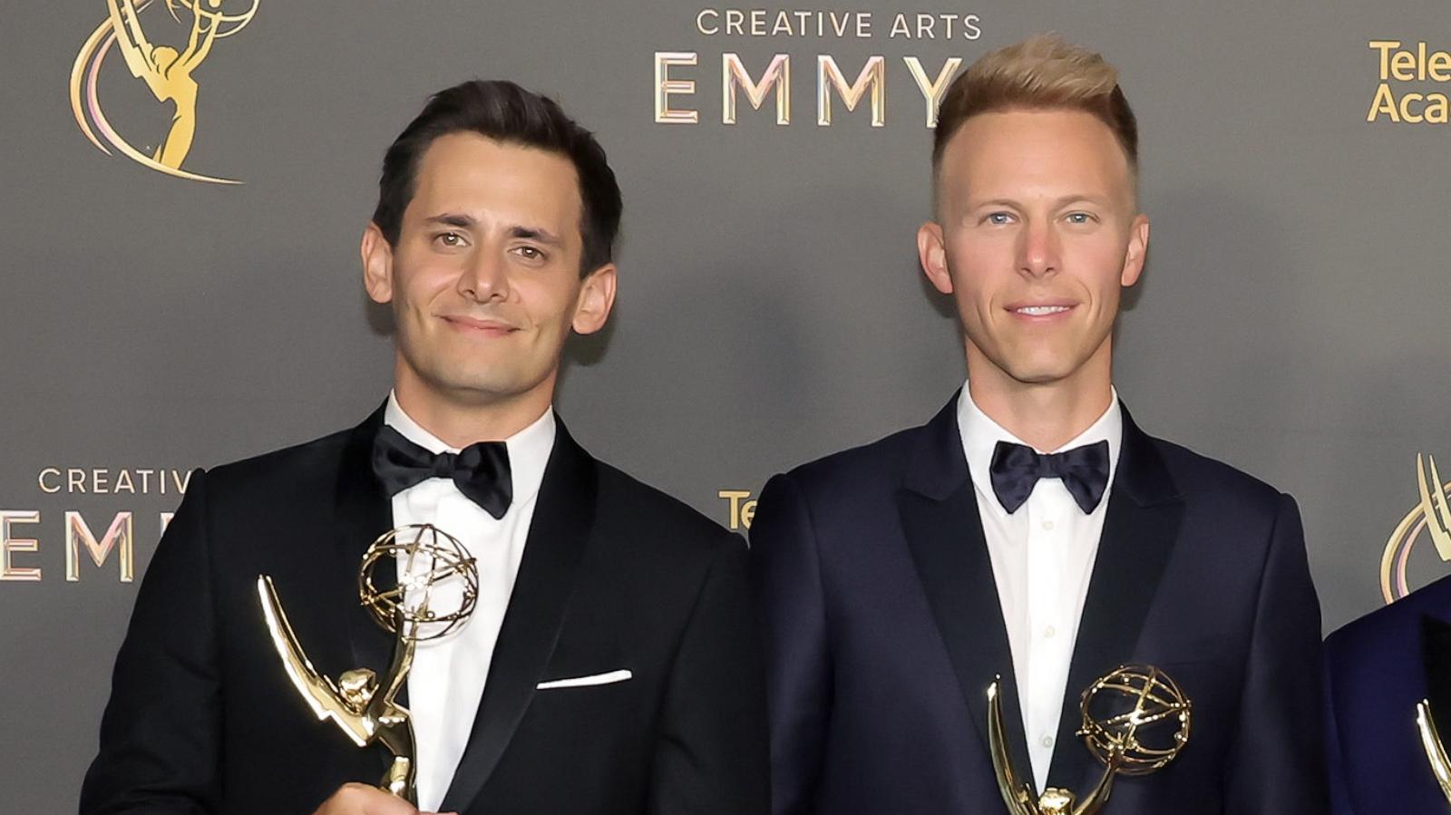 PHOTO: Benj Pasek and Justin Paul, winners of the Emmy Award for Outstanding Original Music and Lyrics for Only Murders in the Building, attend the 76th Creative Arts Emmys Winner's Walk at Peacock Theater on Sept. 08, 2024 in Los Angeles.