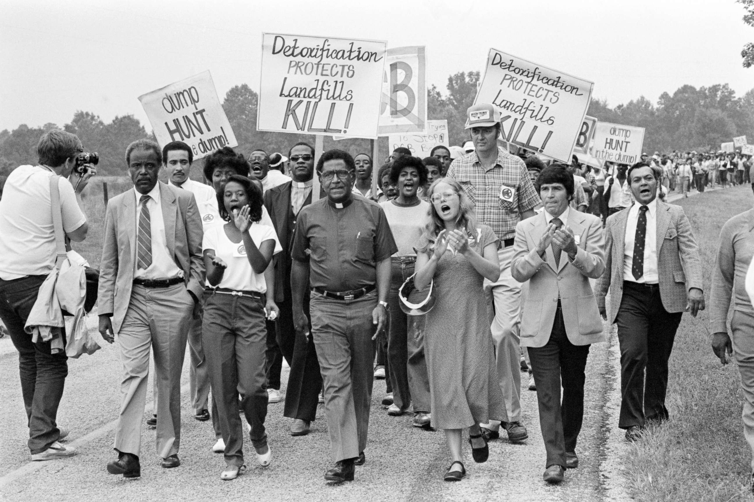 PHOTO: Rev. Joseph Lowery, head of the Southern Christian Leadership Conference, leads a protest march against a toxic waste dump opened in a predominantly Black and poor community in Afton, N.C., Oct. 21, 1982.