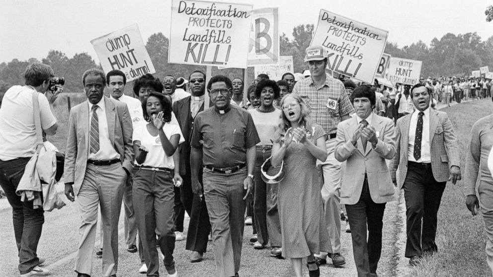 PHOTO: Rev. Joseph Lowery, head of the Southern Christian Leadership Conference, leads a protest march against a toxic waste dump opened in a predominantly Black and poor community in Afton, N.C., Oct. 21, 1982.