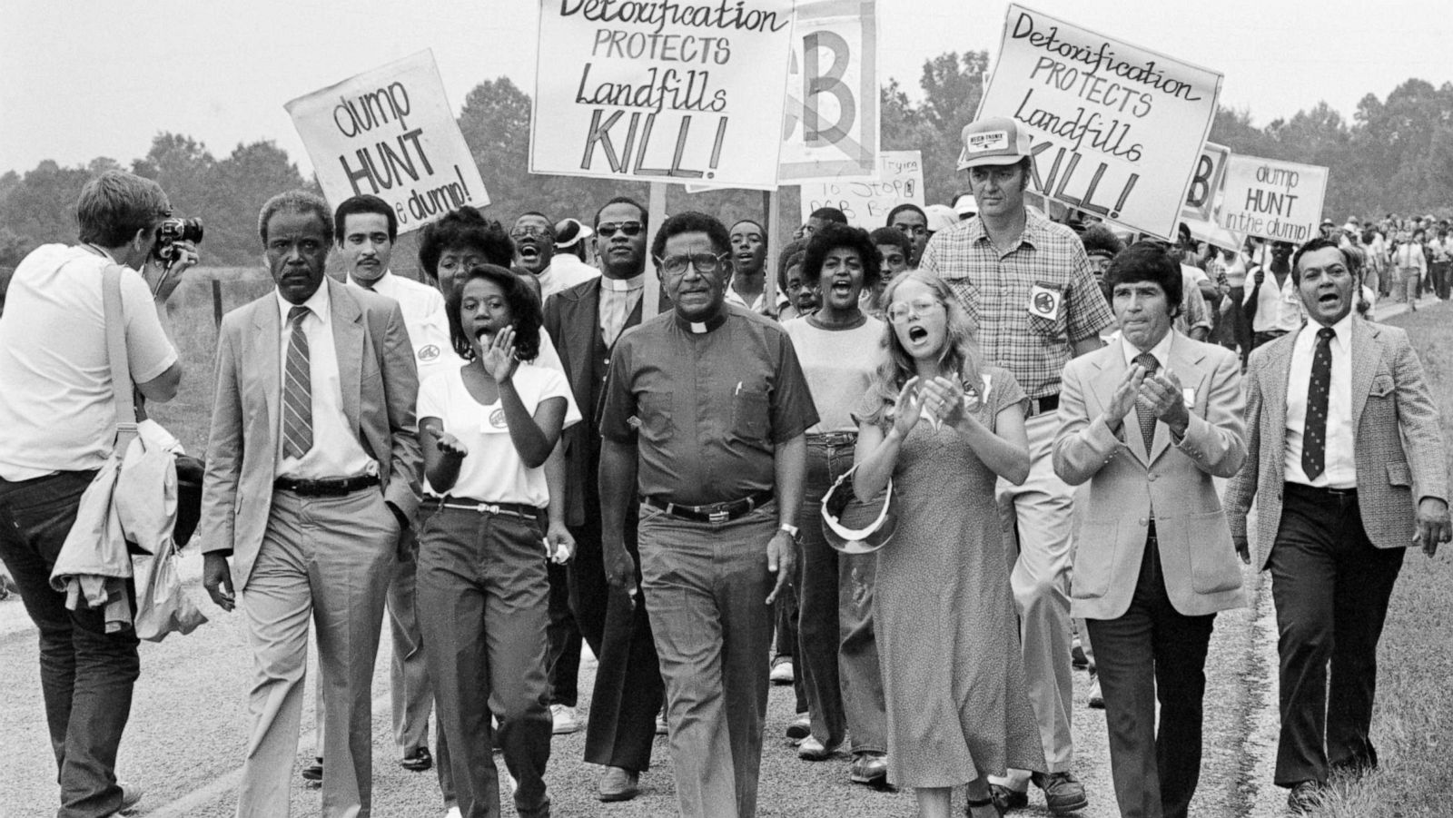 PHOTO: Rev. Joseph Lowery, head of the Southern Christian Leadership Conference, leads a protest march against a toxic waste dump opened in a predominantly Black and poor community in Afton, N.C., Oct. 21, 1982.