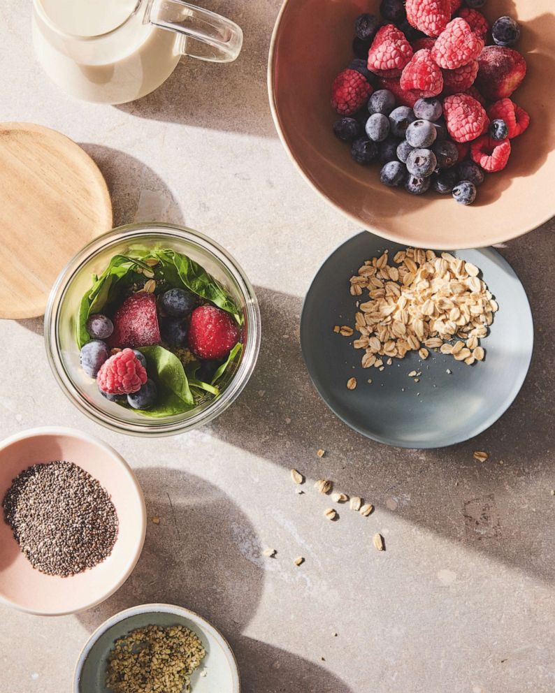 PHOTO: Ingredients for a berry, oat and chia smoothie.