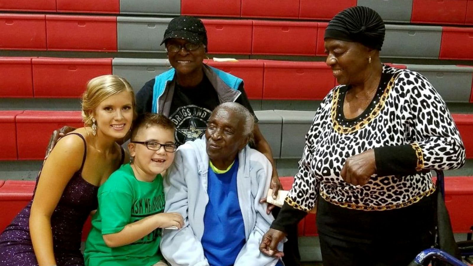 PHOTO: Ceola Marburgh, 106, center, her daughters Leatha Johnson and Gloria Marburgh, sit with Brady Dickerson, 7, and his mom Gracie Dickerson, 17, far left, in this undated photo.