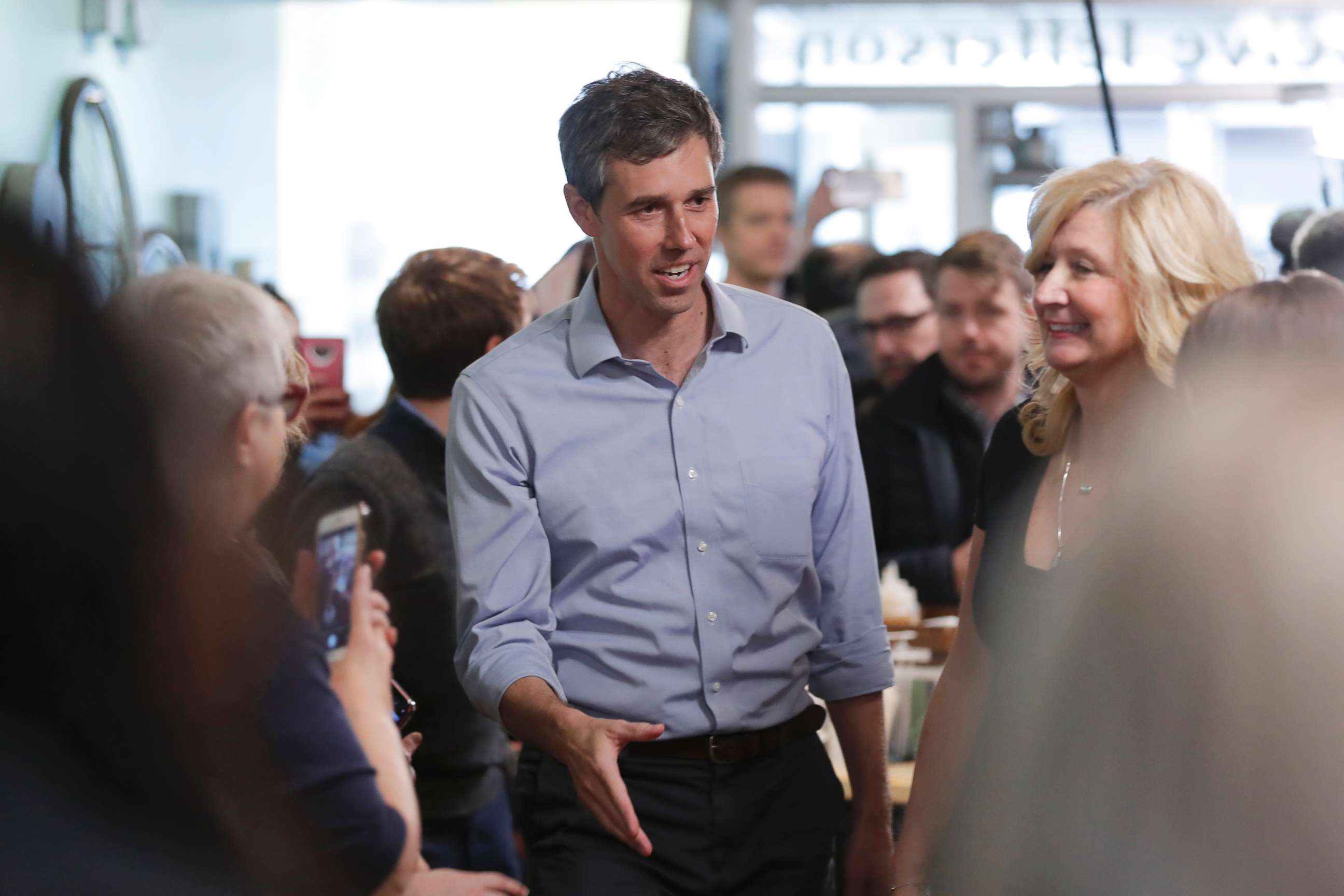 PHOTO: Former Texas congressman Beto O'Rourke greets employees before speaking at a meet and greet at the Beancounter Coffeehouse & Drinkery, March 14, 2019, in Burlington, Iowa.
