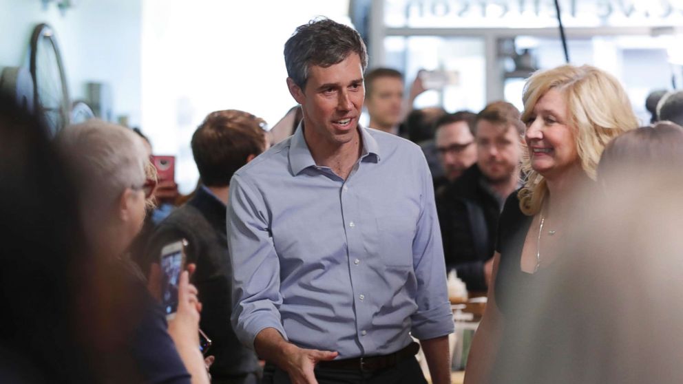 PHOTO: Former Texas congressman Beto O'Rourke greets employees before speaking at a meet and greet at the Beancounter Coffeehouse & Drinkery, March 14, 2019, in Burlington, Iowa.