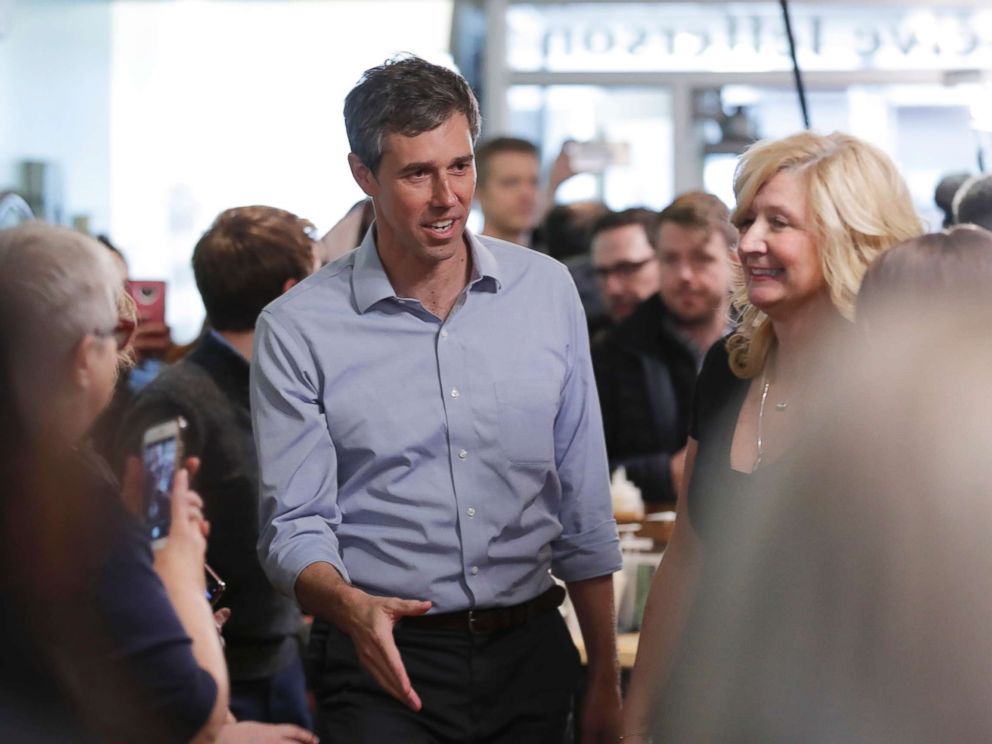 PHOTO: Former Texas congressman Beto ORourke greets employees before speaking at a meet and greet at the Beancounter Coffeehouse & Drinkery, March 14, 2019, in Burlington, Iowa.