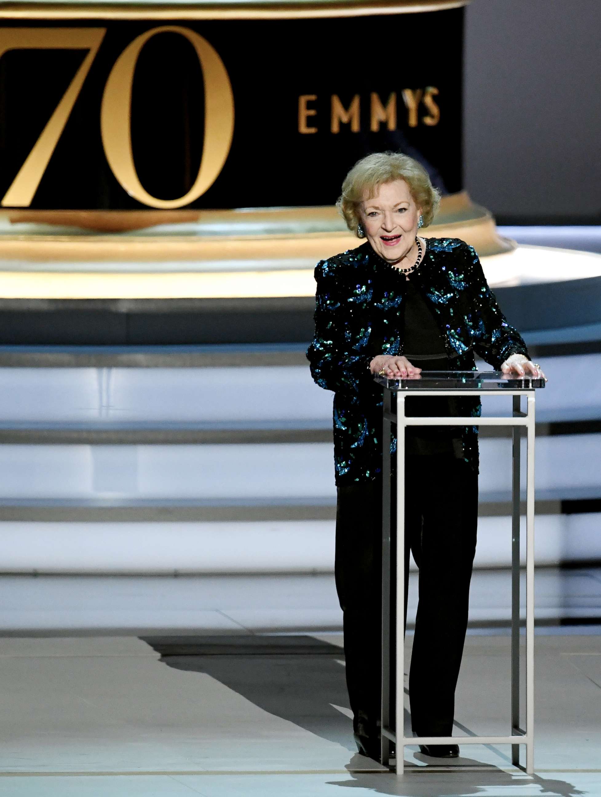 PHOTO: Betty White speaks during the 70th Emmy Awards on Sept. 17, 2018, in Los Angeles.