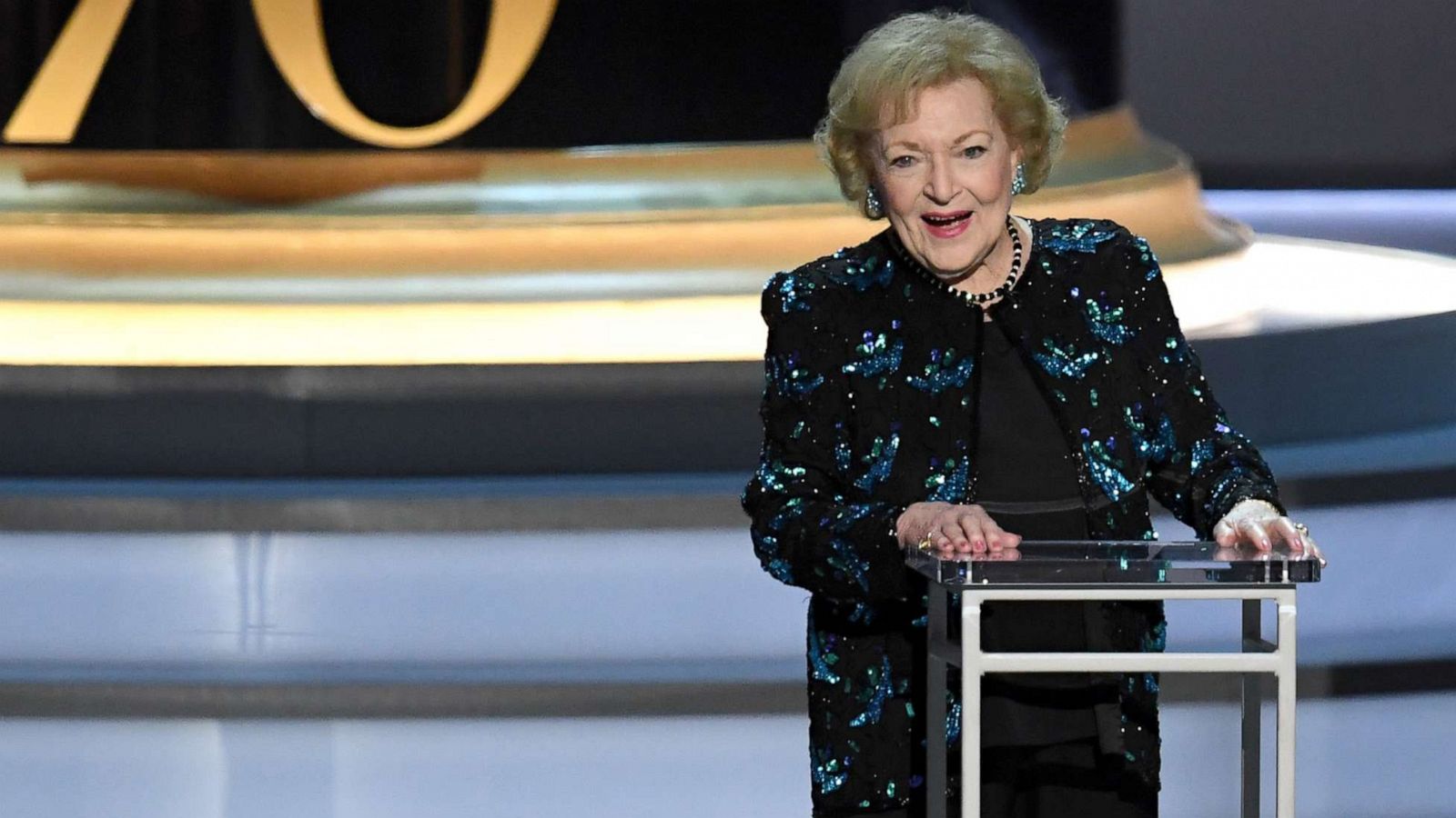 PHOTO: In this Sept. 17, 2018, file photo, Betty White speaks onstage during the 70th Emmy Awards at Microsoft Theater in Los Angeles.