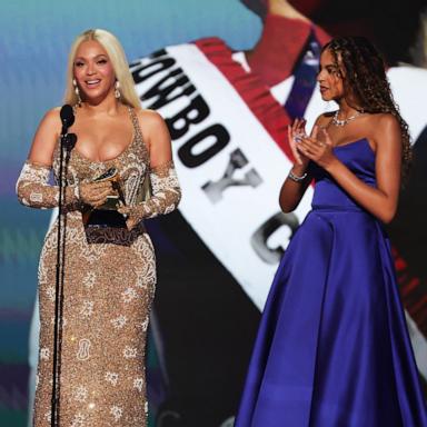 PHOTO: Beyonce accepts the Album of the Year award for "COWBOY CARTER" with Blue Ivy Carter onstage during the 67th Annual GRAMMY Awards on Feb. 02, 2025 in Los Angeles.