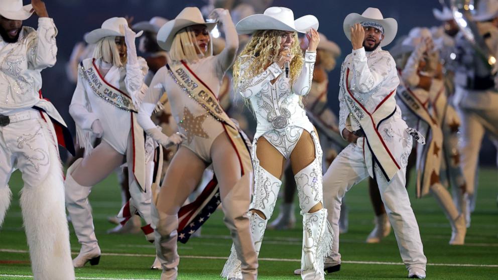 PHOTO: Beyonce performs during the halftime show of an NFL football game between the Houston Texans and the Baltimore Ravens, Dec. 25, 2024, in Houston.