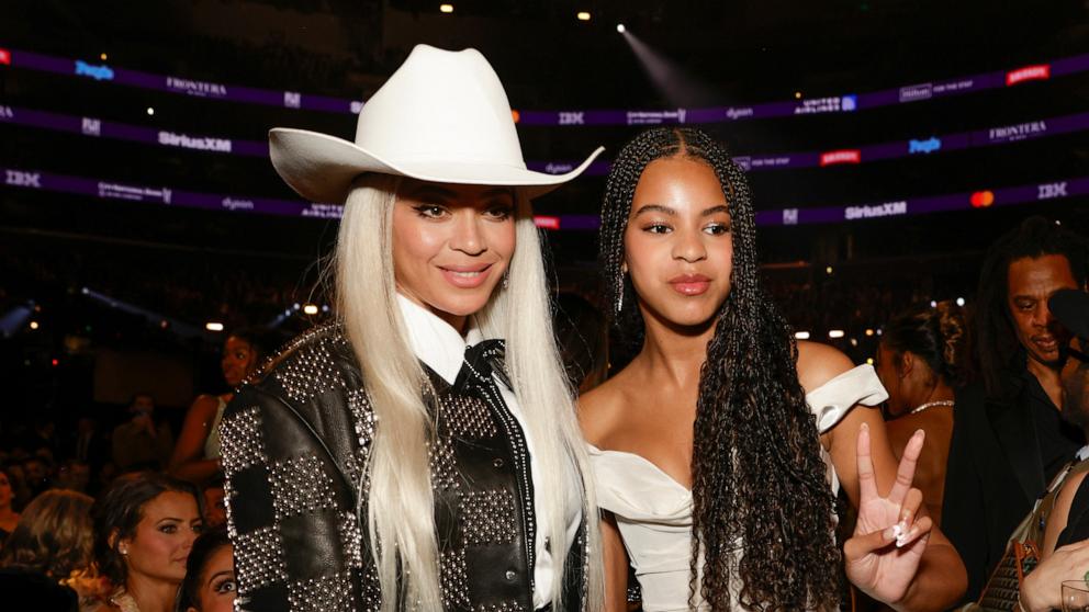 PHOTO: In this Feb. 4, 2024, file photo, Beyonce and Blue Ivy Carter are shown behind the scenes at The 66th Annual Grammy Awards, in Los Angeles.