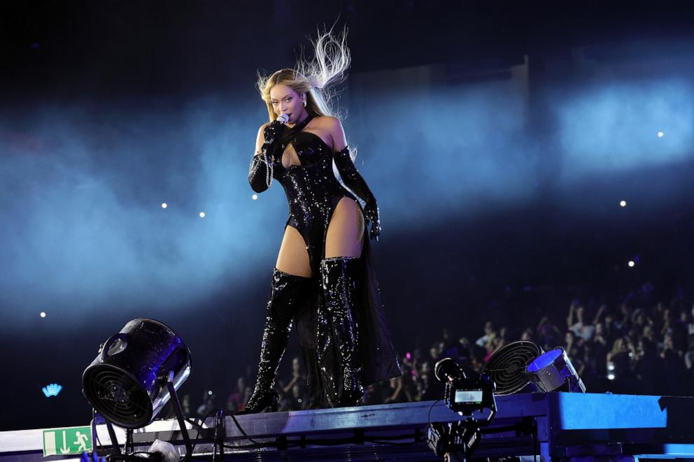 PHOTO: In this Oct. 1, 2023, file photo, Beyonce performs onstage during the "Renaissance World Tour" in Kansas City, Missouri. 