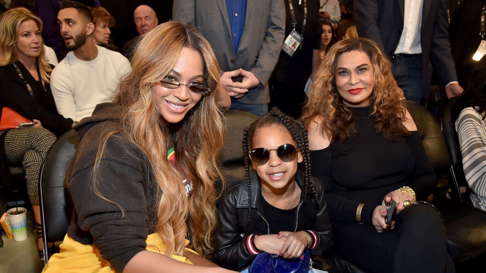 PHOTO: Left to right, Beyonce, Blue Ivy Carter, and Tina Knowles attend the 67th NBA All-Star Game at Staples Center on Feb. 18, 2018, in Los Angeles.