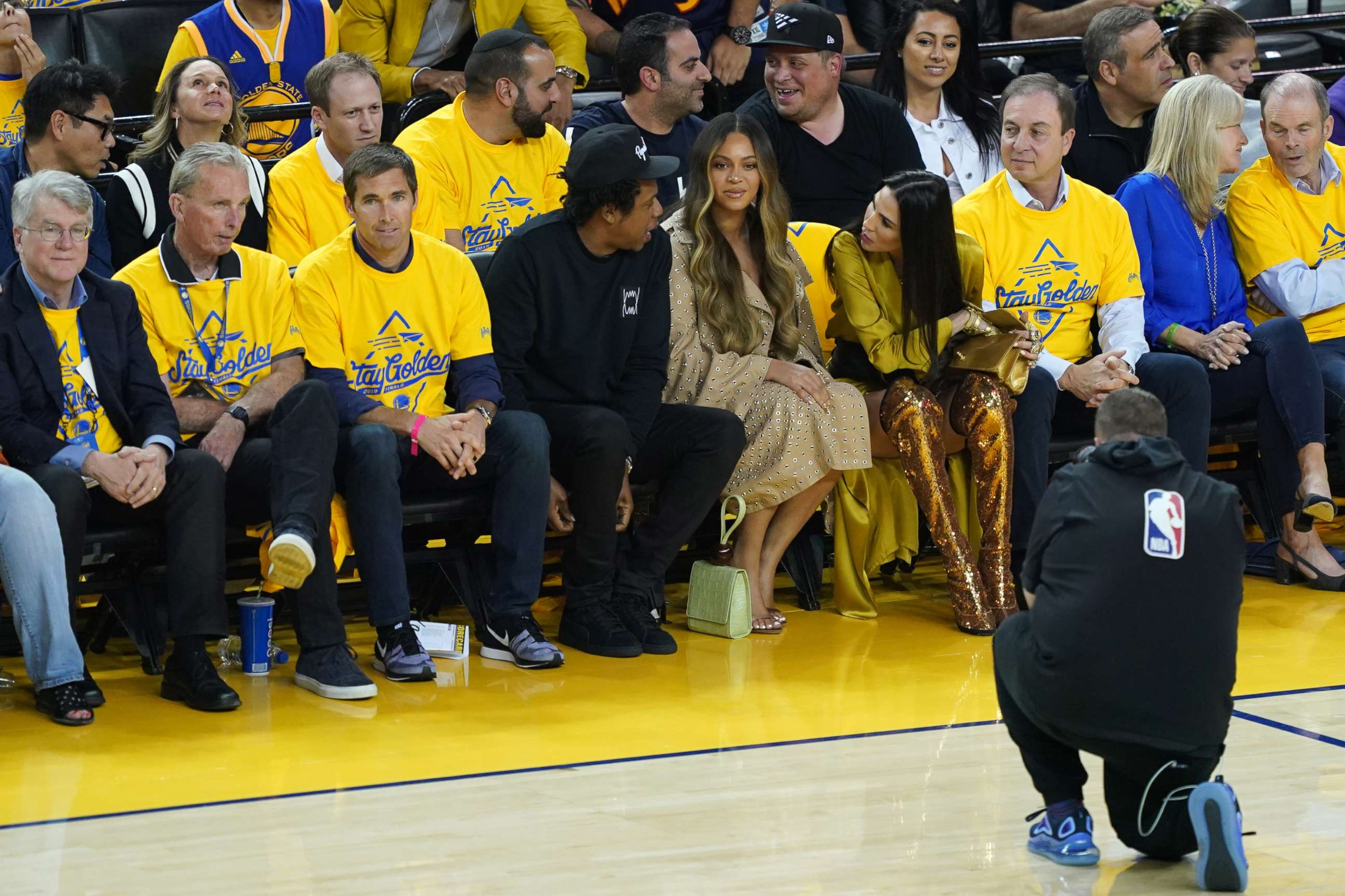 PHOTO: Jay-Z and Beyonce attend Game Three of the 2019 NBA Finals between the Golden State Warriors and the Toronto Raptors at Oracle Arena, June 5, 2019, in Oakland, Calif.