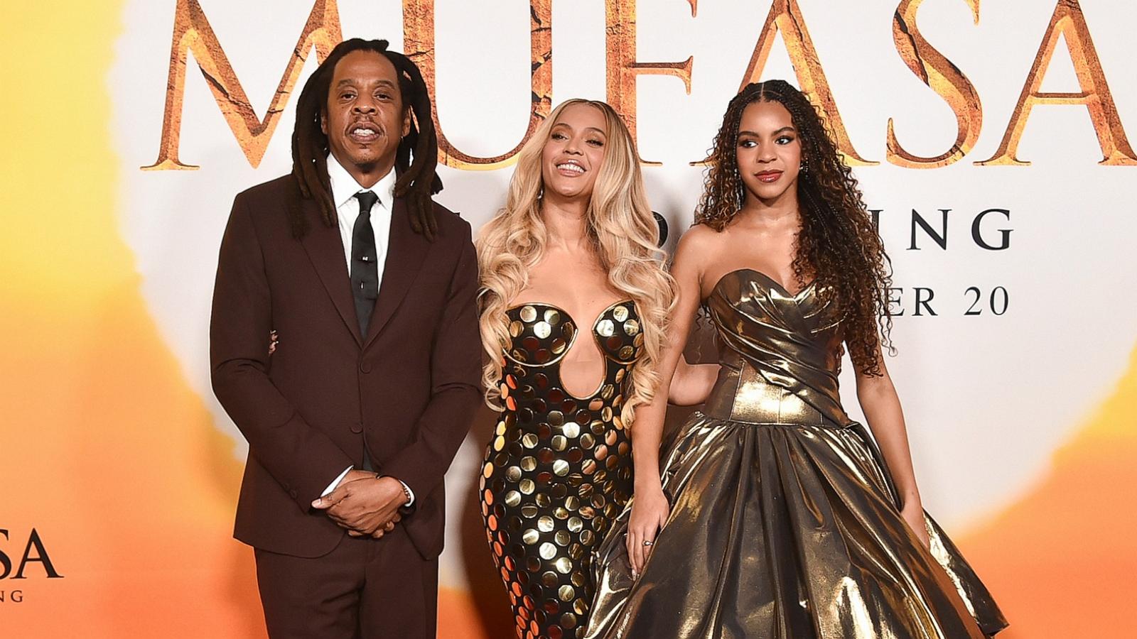 PHOTO: Jay-Z, from left, Beyoncé and Blue Ivy Carter arrive at the premiere of "Mufasa: The Lion King," Dec. 9, 2024, at the Dolby Theatre in Los Angeles.