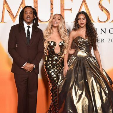 PHOTO: Jay-Z, from left, Beyoncé and Blue Ivy Carter arrive at the premiere of "Mufasa: The Lion King," Dec. 9, 2024, at the Dolby Theatre in Los Angeles.