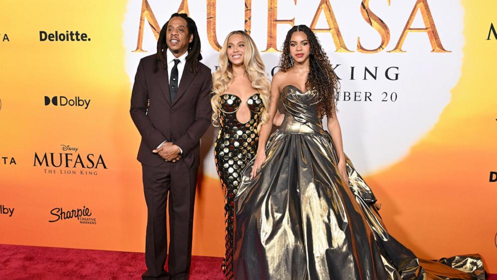 PHOTO: Jay-Z, Beyonce and Blue Ivy Carter attend the Los Angeles Premiere of Disney's "Mufasa: The Lion King" at Dolby Theatre on Dec. 9, 2024 in Hollywood, Calif.