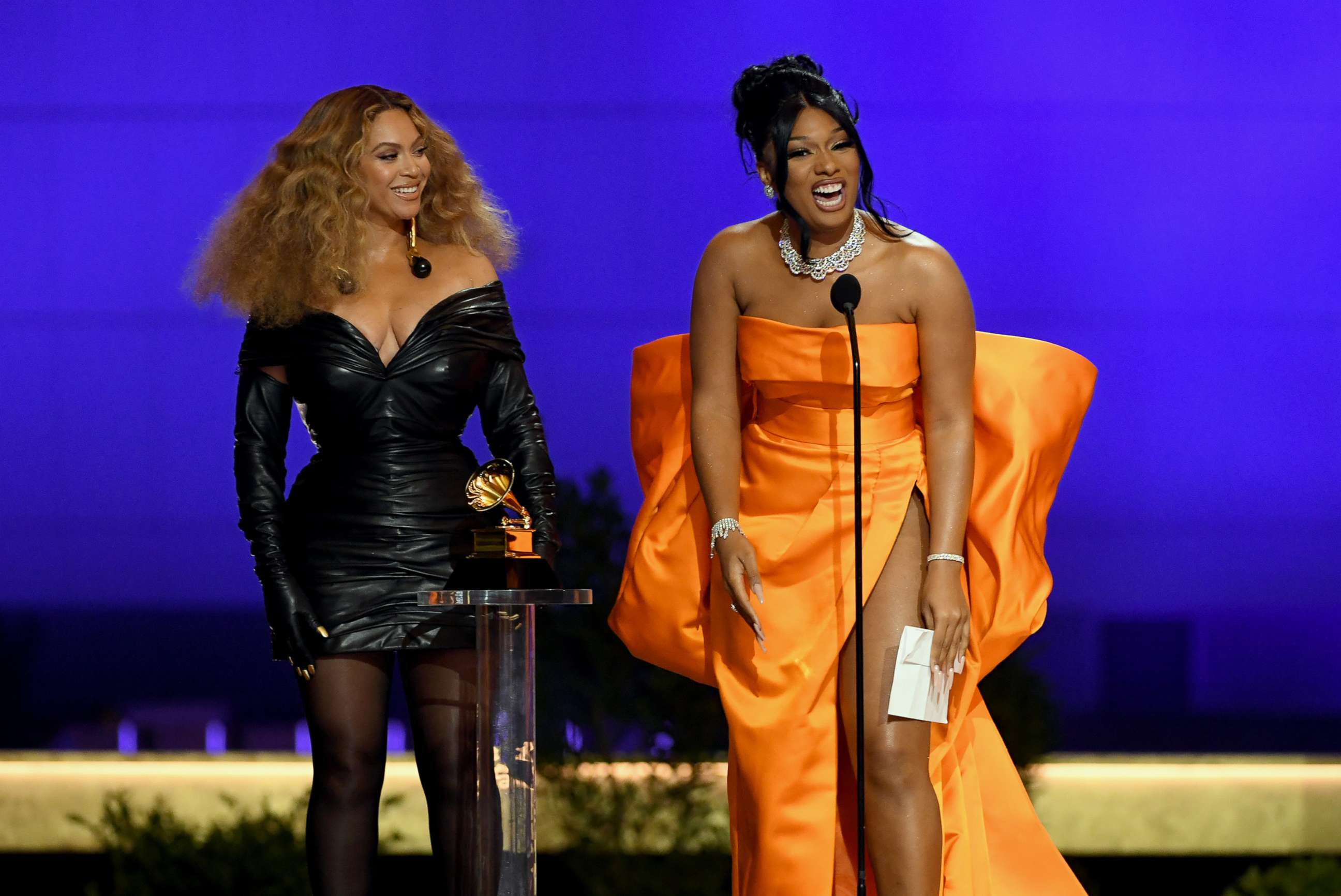 PHOTO: Beyonce and Megan Thee Stallion accept the Best Rap Performance award for 'Savage' onstage during the 63rd Annual GRAMMY Awards at Los Angeles Convention Center, March 14, 2021 in Los Angeles.