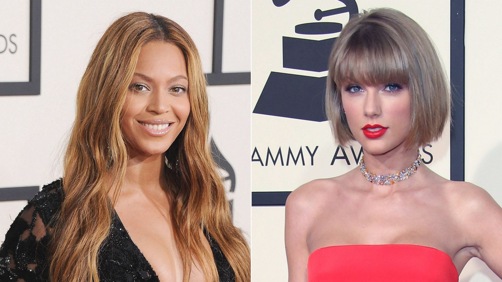 PHOTO: In this Feb. 8, 2015, file photo, Beyonce arrives at the 57th GRAMMY Awards at Staples Center in Los Angeles. | Taylor Swift attends The 58th GRAMMY Awards at Staples Center on Feb. 15, 2016, in Los Angeles.