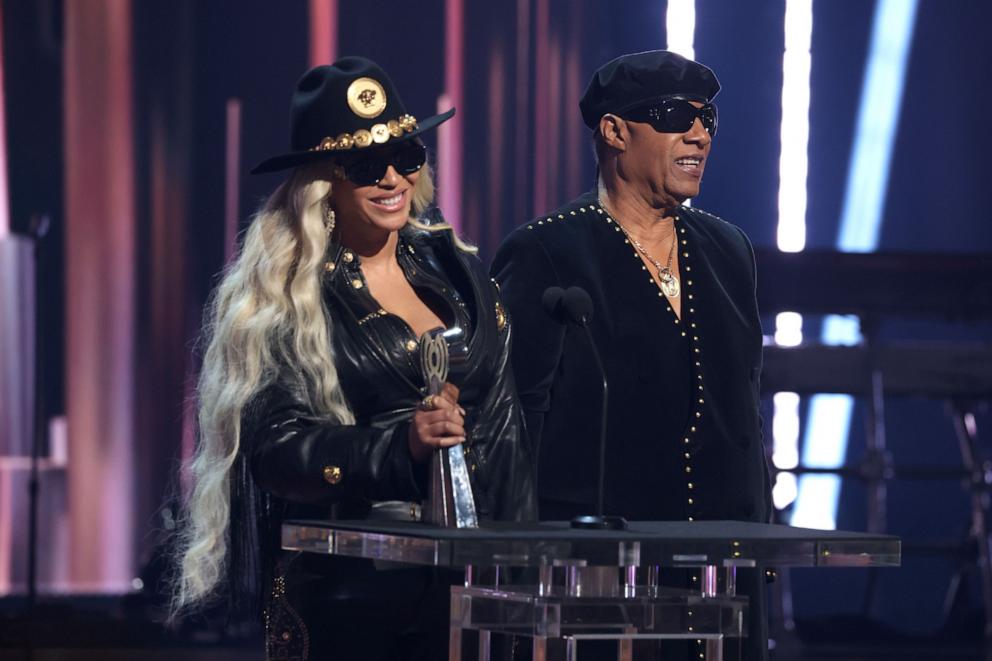 PHOTO: Beyonce accepts the Innovator Award from Stevie Wonder onstage during the 2024 iHeartRadio Music Awards at Dolby Theatre in Los Angeles, April 1, 2024.