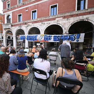 PHOTO: People gather to protest against the wedding of Amazon Founder and CEO Jeff Bezos and journalist Lauren Sanchez in Venice, June 13, 2025. 