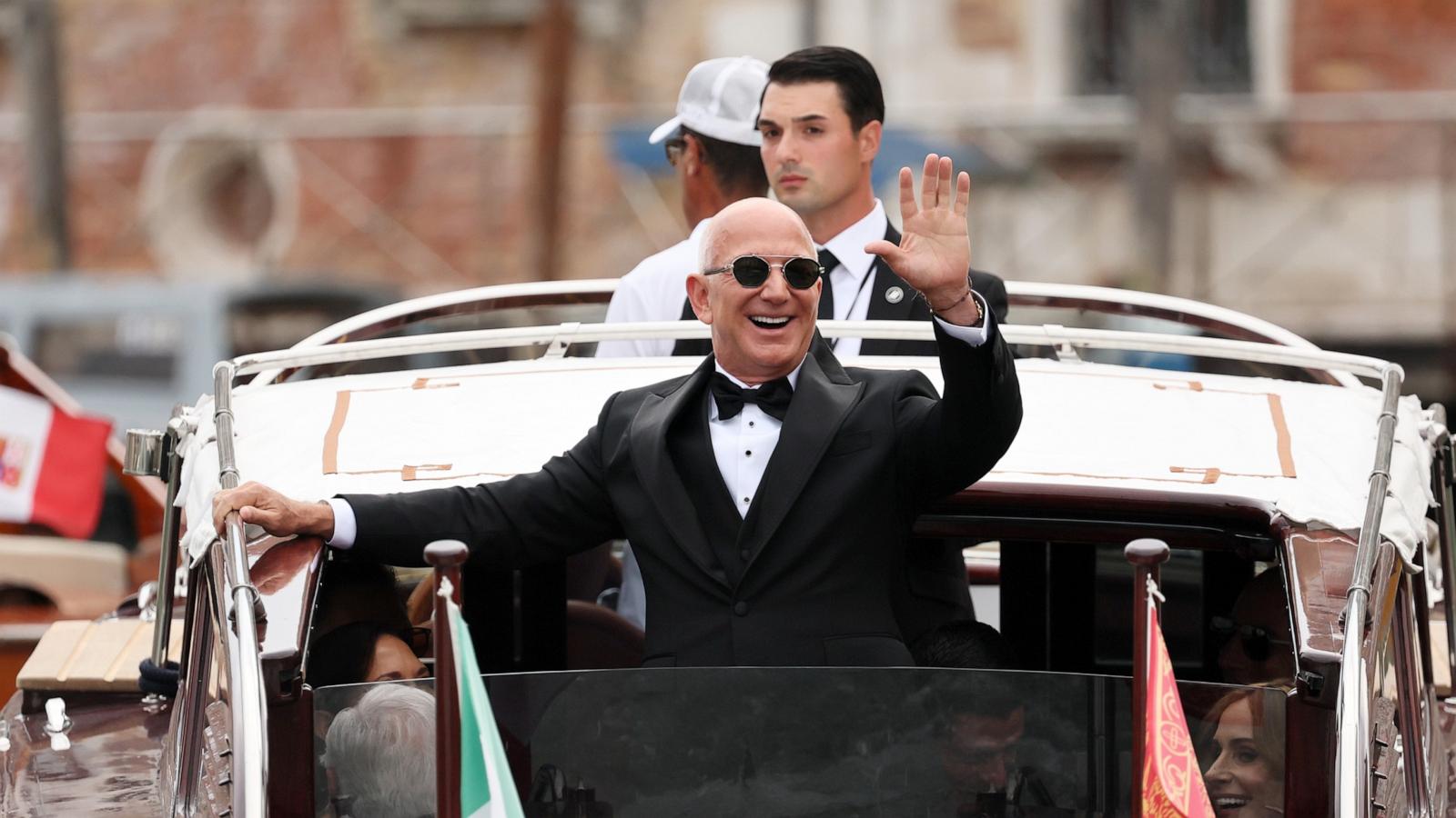 PHOTO: Jeff Bezos waves during wedding festivities on June 27, 2025, in Venice, Italy.