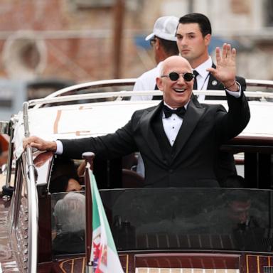 PHOTO: Jeff Bezos waves during wedding festivities on June 27, 2025, in Venice, Italy. 